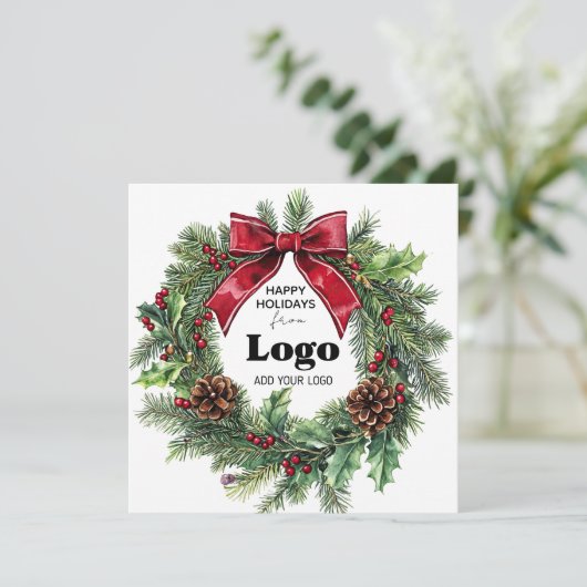 Happy Holidays Wreath Business Logo Bulk Custumer Feestdagenkaart (Staand voorkant)
