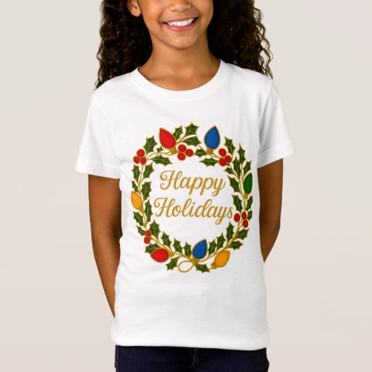 Happy Holidays Wreath Christmas Lights and Holly T-shirt (Voorkant)