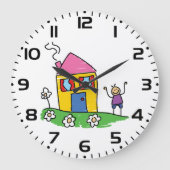 Happy Home Kleurrijk Huis en Stok Figuur Grote Klok (Voorkant)