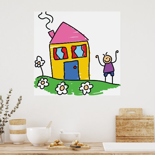Happy Home Kleurrijk Huis en Stok Figuur Poster (Keuken)