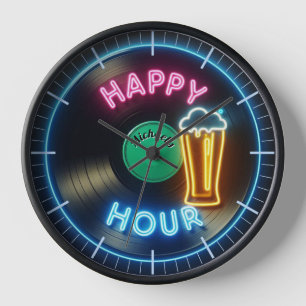 Happy Hour Bar Clock Neon Beer Custom Name Mancave