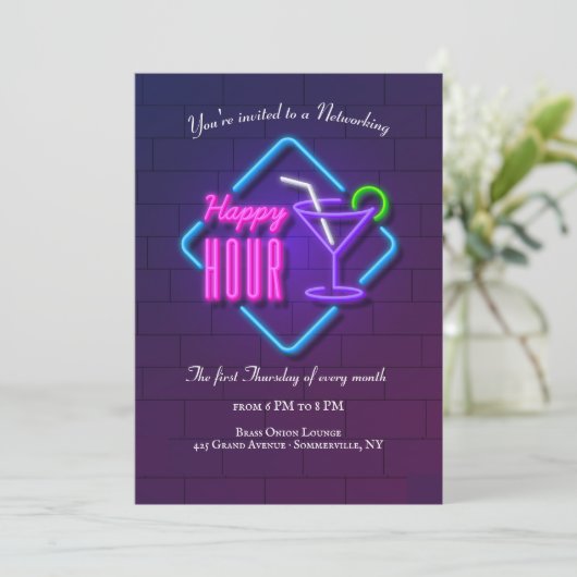 Happy Hour Neon Networking Uitnodiging (Staand voorkant)