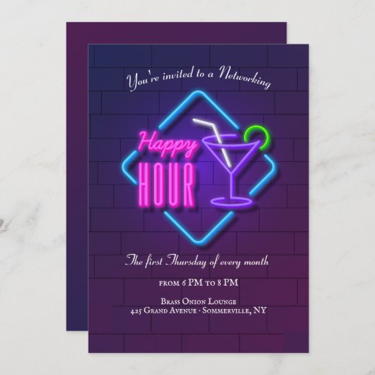 Happy Hour Neon Networking Uitnodiging (Voorkant / Achterkant)