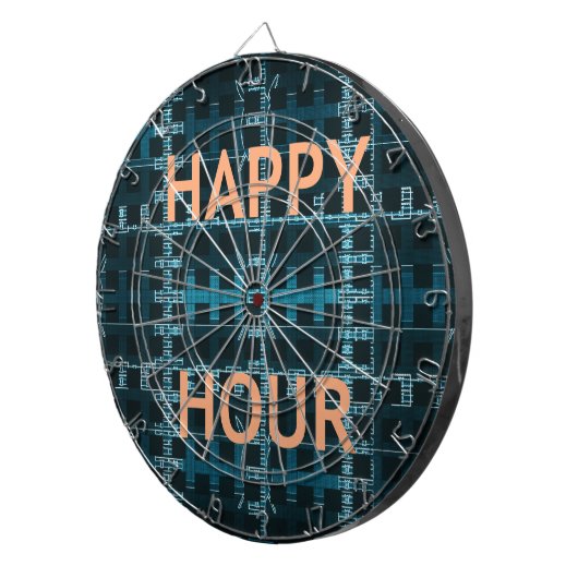 Happy Hour Tekst Blauwe Vector Art Print Dartbord (Voorkant Rechts)