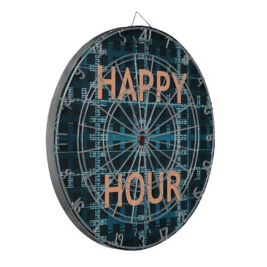 Happy Hour Tekst Blauwe Vector Art Print Dartbord (Voorkant Links)
