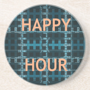 Happy Hour Tekst Blauwe Vector Art Print Zandsteen Onderzetter