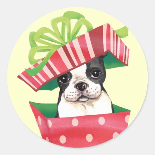 Happy Howliday Boston Terrier Ronde Sticker (Voorkant)