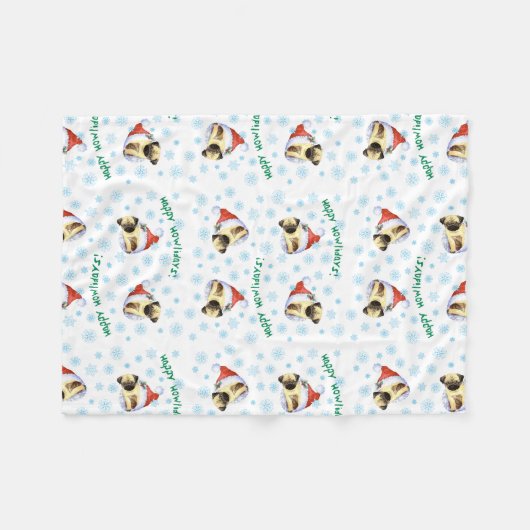 Happy Howlidays Pug Fleece Blanket (Voorkant (Horizontaal))