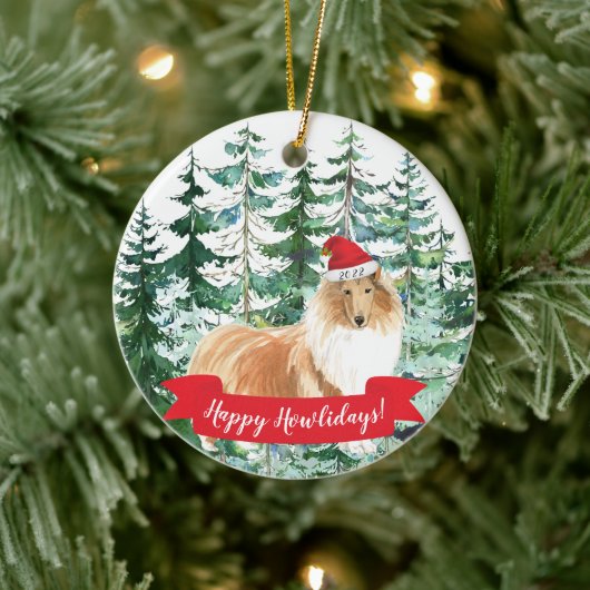 Happy Howlidays Rough Collie Dog Kerstmense Keramisch Ornament (Boom)