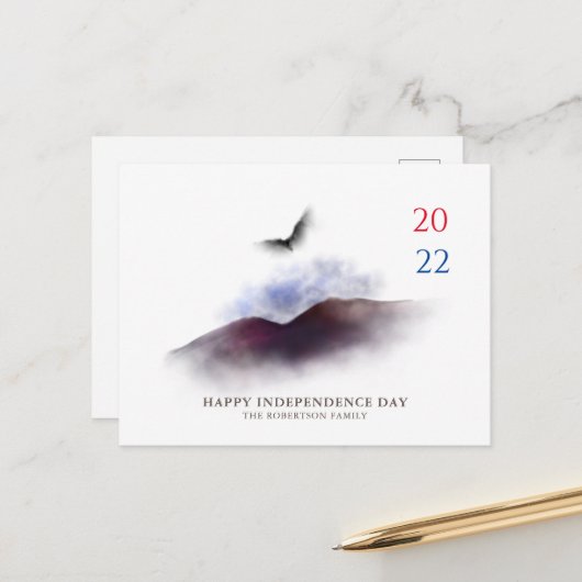 Happy Independence Day Waterverf Eagle Mountains Briefkaart (Voorkant / Achterkant in situ)