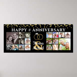 Happy Jubileum 18 Photo Collage Black Gold Poster