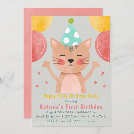 Happy Kat First Birthday Invitations (Voorkant / Achterkant)