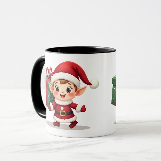 Happy Kawaii Santa's Elf Helper Carrying Gift Mok (Voorkant links)