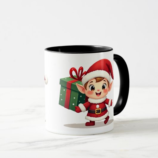 Happy Kawaii Santa's Elf Helper Carrying Gift Mok (Voorkant rechts)