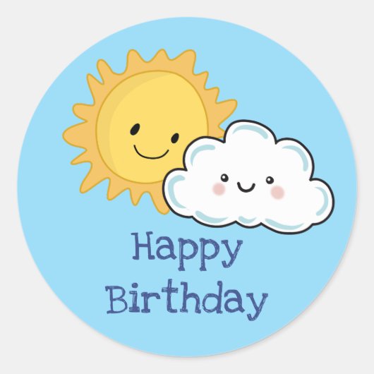 Happy Kawaii Sun en Cloud Birthday Ronde Sticker (Voorkant)
