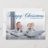 Happy KerstBlue Elegant Cursive Script Foto Feestdagenkaart (Voorkant)