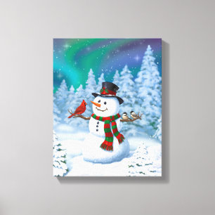 Happy kerstman & Birds Winter Scene Canvas Afdruk