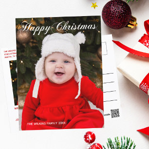 Happy Kerstmet Elegant White Script Holiday Foto Briefkaart
