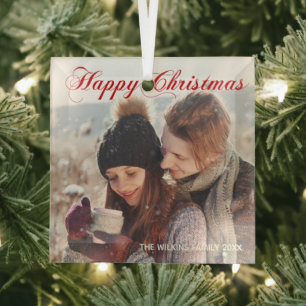 Happy KerstRed Elegant Script Family Foto Glas Ornament