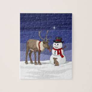 Happy Kerstsnowman en Cute Reindeer Legpuzzel