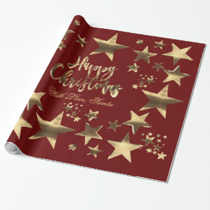 Happy Kerststerren Red Gold Elegant Script Cadeaupapier