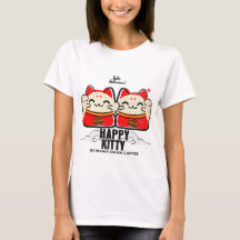 Happy Kitty Coffee T-Shirt Schattige Geluks Kat Gr