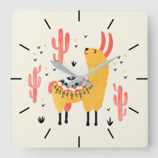 Happy lama met cactus vierkante klok
