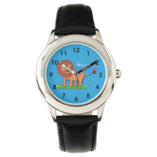 Happy lion met vlinderse cartoon illustratie horloge