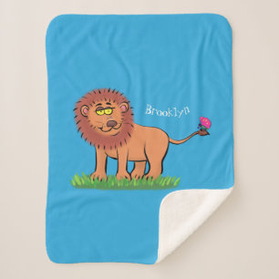 Happy lion met vlinderse cartoon illustratie sherpa deken