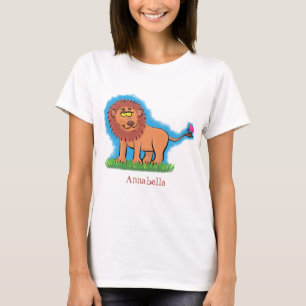 Happy lion met vlinderse cartoon illustratie t-shirt