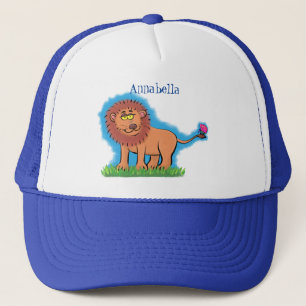 Happy lion met vlinderse cartoon illustratie trucker pet