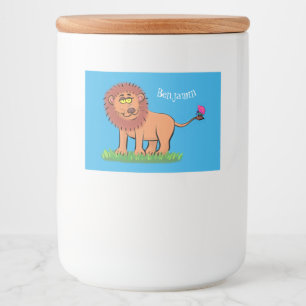 Happy lion met vlinderse cartoon illustratie voedselcontainer etiket