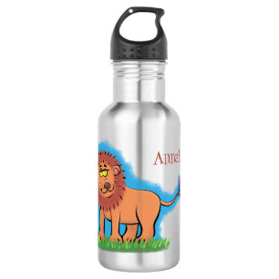 Happy lion met vlinderse cartoon illustratie waterfles 