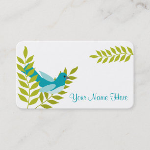 Happy Little Blue Bird & Green Leaves Calling Card Contactkaartje