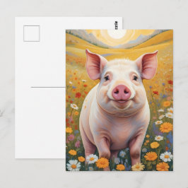 Happy Little Pig Sunny Daisy Field Briefkaart