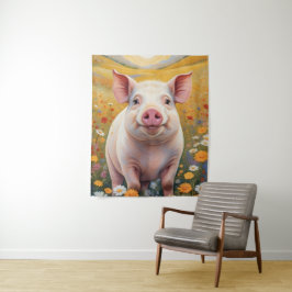 Happy Little Pig Sunny Daisy Field Wandkleed