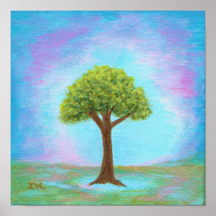 Happy Little Tree Whimsical Landscape Blue Poster