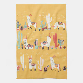 Happy Llama met Flowers en Cacti Waterverf Theedoek