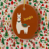 Happy Llama met naam op Red Ceramic Ornament