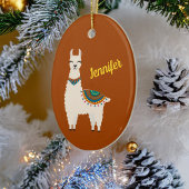 Happy Llama met naam op Red Ceramic Ornament