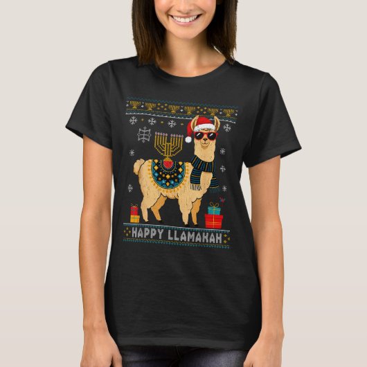 Happy Llamakah Funny Ugly Hanukkah Sweater Llama P T-shirt (Voorkant)
