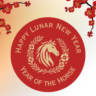 Happy Lunar New Year of the Horse Wreath Flowers Ronde Sticker