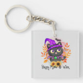 Happy Meow-o-ween -Zwarte Heks Kat Sleutelhanger (Voorkant)