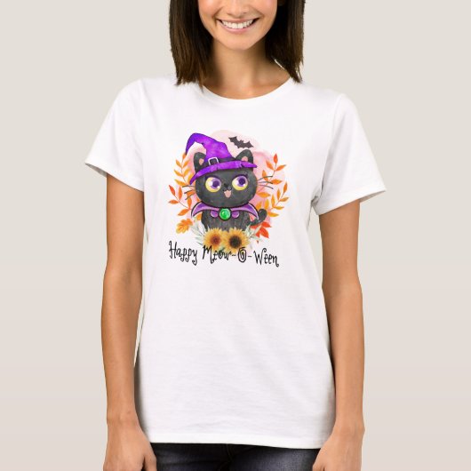 Happy Meow-o-ween -Zwarte Heks Kat T-shirt (Voorkant)