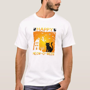 Happy Meow-O-Ween – Zwarte katten, spookhuis T-shirt