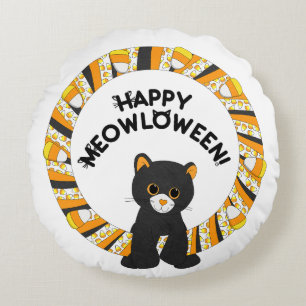 Happy Meowloween Black Cat Halloween Candy Corn Rond Kussen