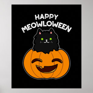 Happy Meowloween Grappige Halloween Pun Donker BG Poster