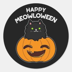 Happy Meowloween Grappige Halloween Pun Donker BG Ronde Sticker