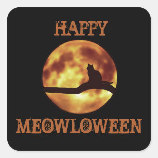 Happy MEOWloween Moon Black Cat Silhouette Pun Vierkante Sticker