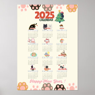 Happy Mew Jaar 2025 muurkalender voor kattenliefhe Poster